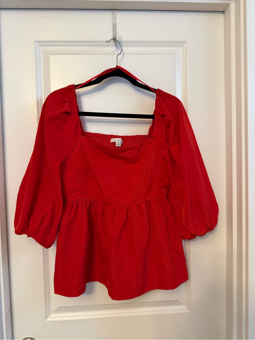 Square-Neck Red Peasant Top with Puff Sleeves